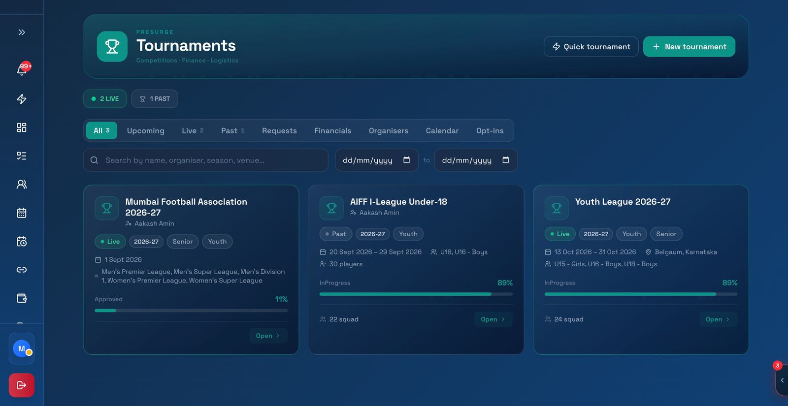 Presurge Tournaments dashboard