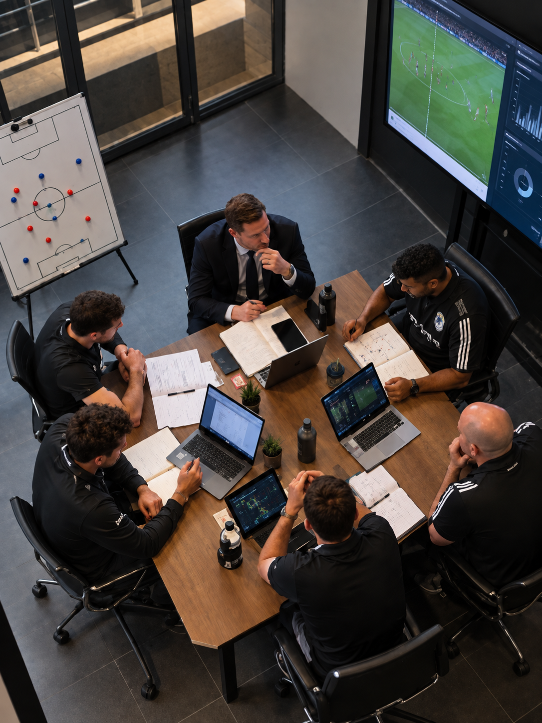 Football workforce in a team meeting
